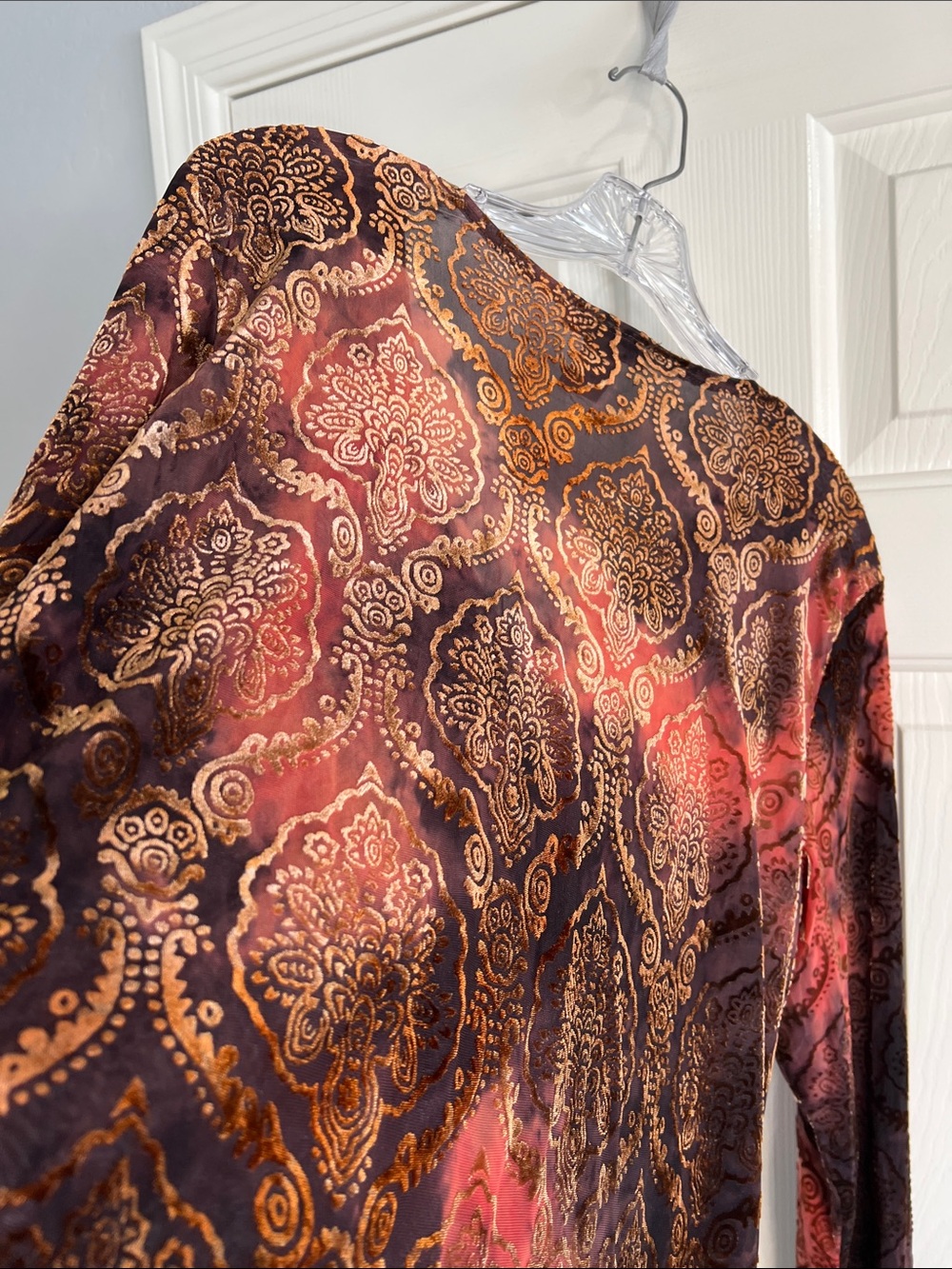 Vintage velvet burnout ruffle long sleeve blouse tie dye autumn damask 2X - Picture 3 of 8